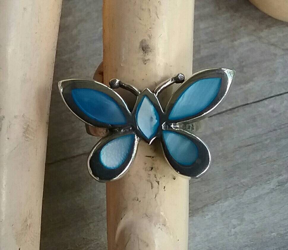 Butterfly ring,sterling silver,mother of pearl,inlay,shell, paua,abalone,handmade,goddess,boho,art nouveau,retro,