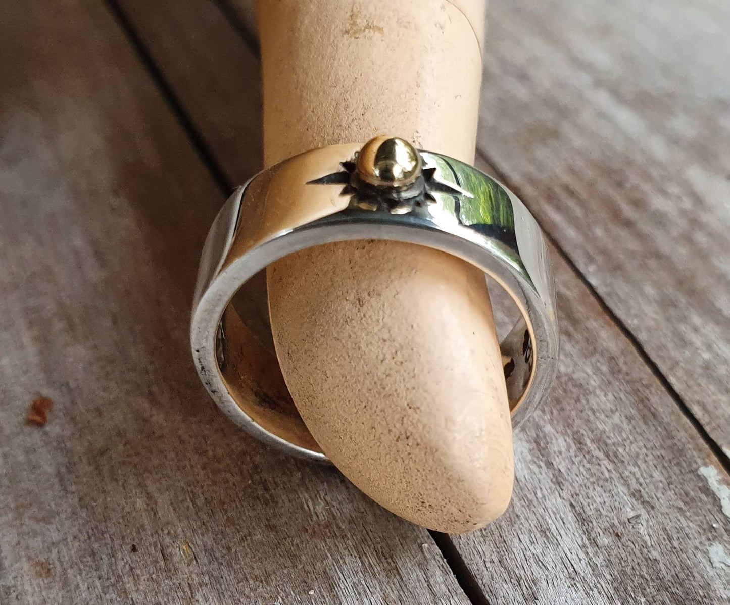 Gold and silver two tone ring,flat sterling silver band,10ct centre ball,sun ring,wedding ring,