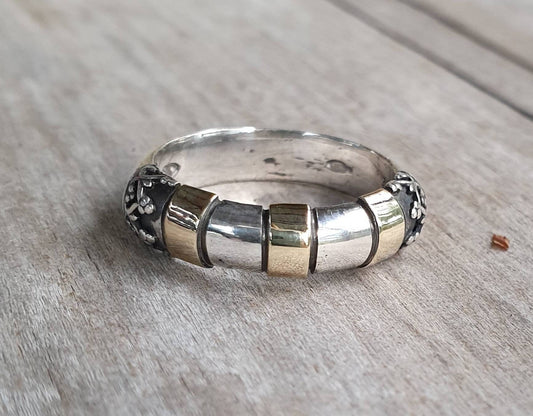 Gold and silver two tone ring,half round band, sterling silver band,9ct strips,wedding ring,boho,vintage,handmade,goddess,