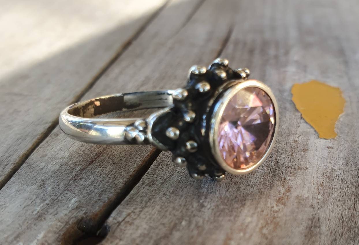 cz ring,sterling silver,handmade,goddess,boho,solitare ring,new age,ball ring,goddess,cubic zirconia,purple stone,