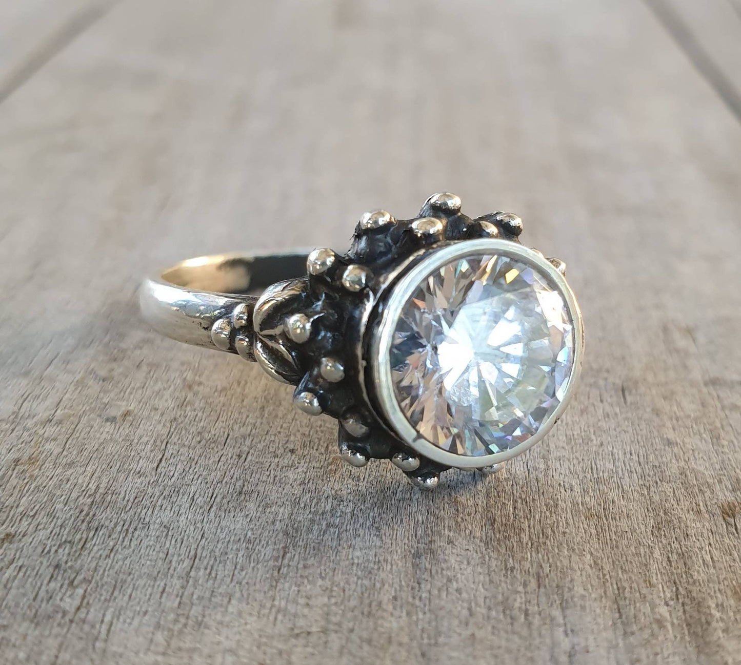 cz ring,sterling silver,handmade,goddess,boho,solitare ring,new age,ball ring,goddess,cubic zirconia,purple stone,