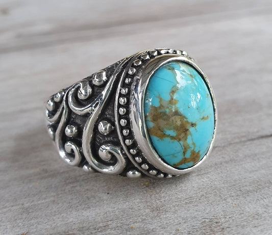 Turquoise ring, sterling silver,maori koru,chunky ring, wedding ring,antique scroll,swirl ring,gemstone ring,mans stone ring,boho,hipster