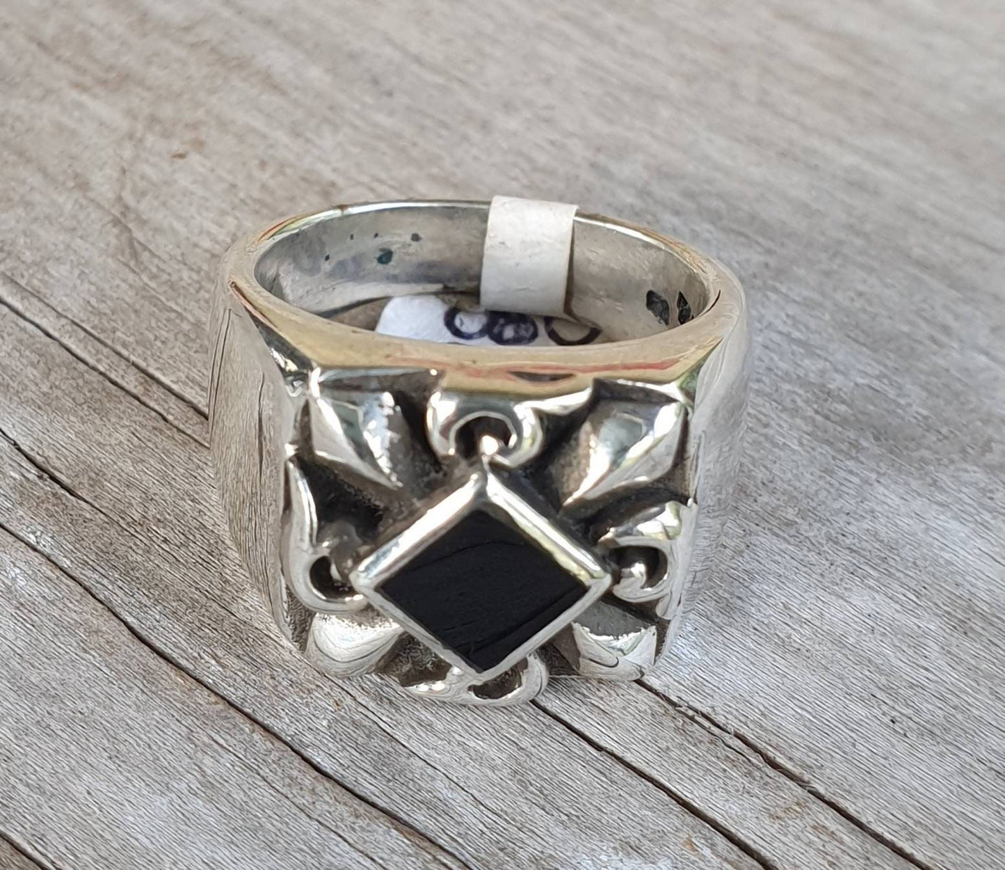 signet ring,black stone,sterling silver,square ring,handmade,baroque,mans dress ring, steampunk,grunge,boho