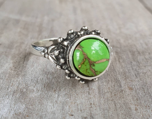 Turquoise  ring, green moshave,mosaic, sterling silver,handmade,goddess,boho,solitare ring,new age,ball ring,goddess