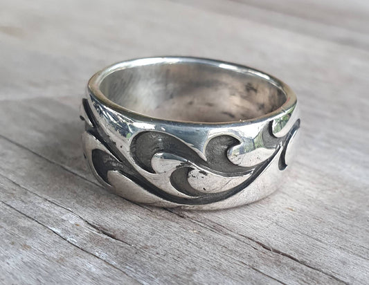 Wide band,Sterling silver,Aztec,swirl,maori,koru,unisex band,wedding,boho,ethnic,Celtic,handmade,hipster,rock,vintage,rustic,