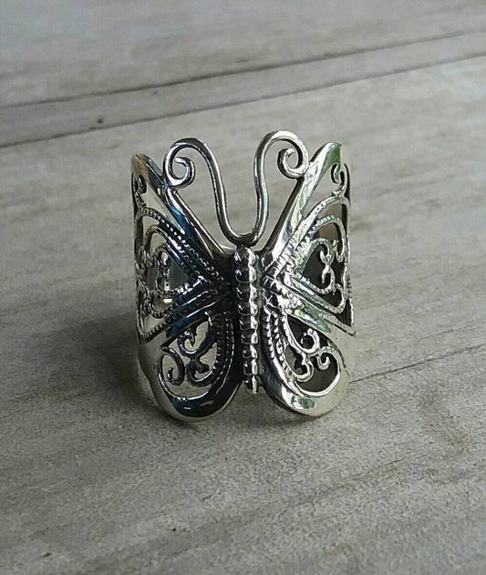 butterfly ring,boho,sterling silver,filegree,long ring,vintage,art nouveau,handmade,women's fashion,rockabilly,shabby chic,goddess,