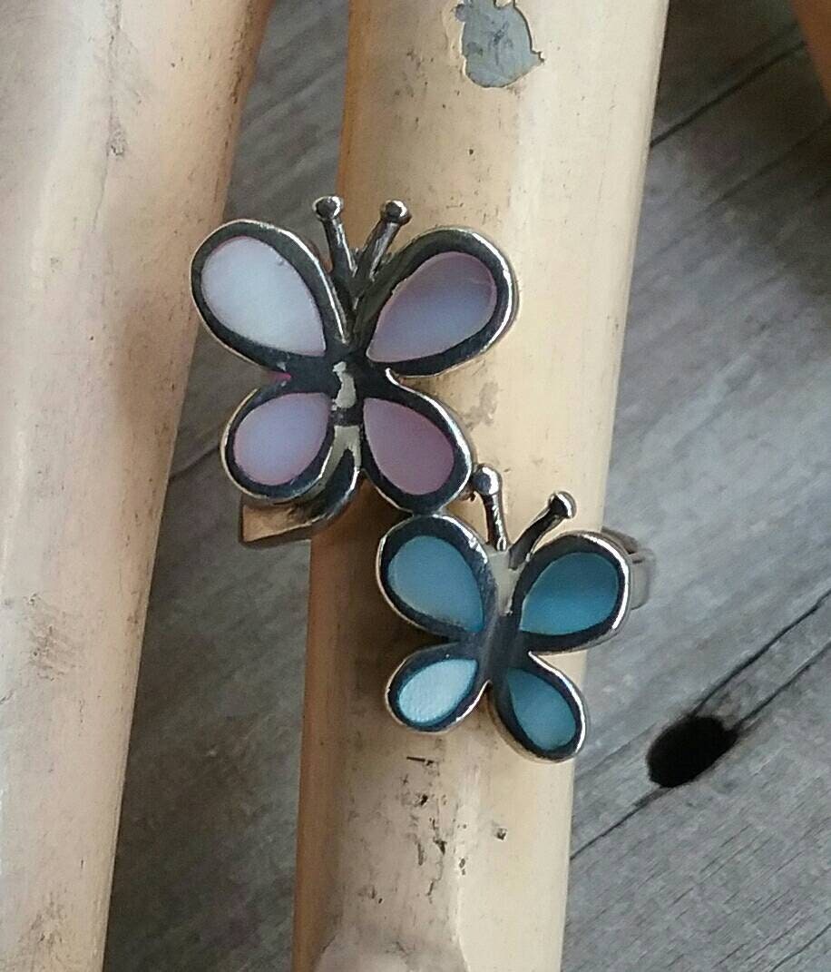 Butterfly ring,sterling silver,mother of pearl,inlay,shell, paua,abalone,handmade,goddess,boho,art nouveau,retro,long ring,