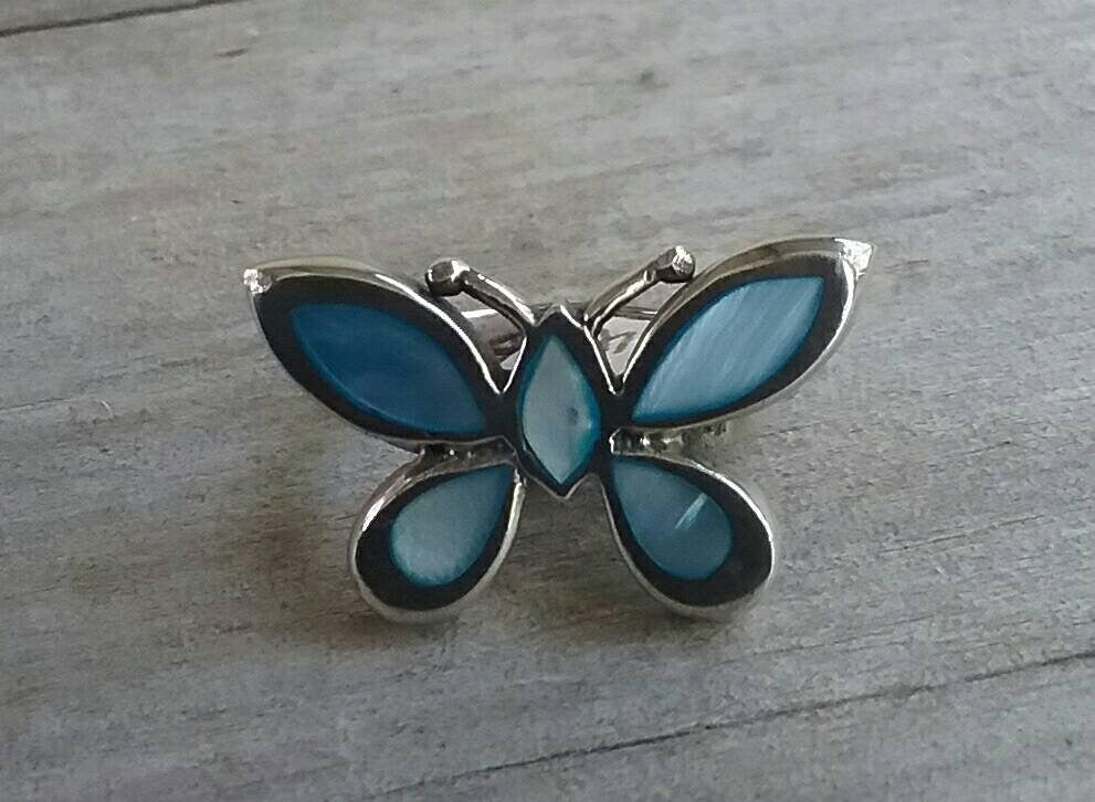 Butterfly ring,sterling silver,mother of pearl,inlay,shell, paua,abalone,handmade,goddess,boho,art nouveau,retro,