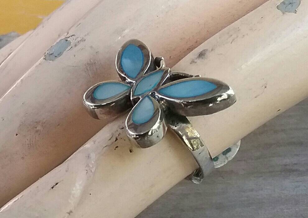 Butterfly ring,sterling silver,mother of pearl,inlay,shell, paua,abalone,handmade,goddess,boho,art nouveau,retro,