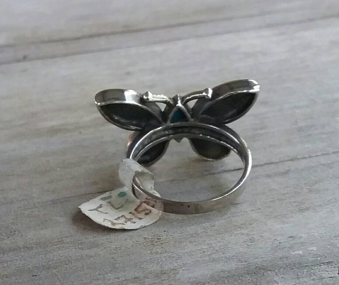 Butterfly ring,sterling silver,mother of pearl,inlay,shell, paua,abalone,handmade,goddess,boho,art nouveau,retro,