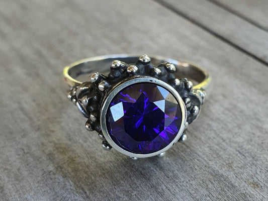 Amethyst cz ring,sterling silver,handmade,goddess,boho,solitare ring,new age,ball ring,goddess,cubic zirconia,purple stone,