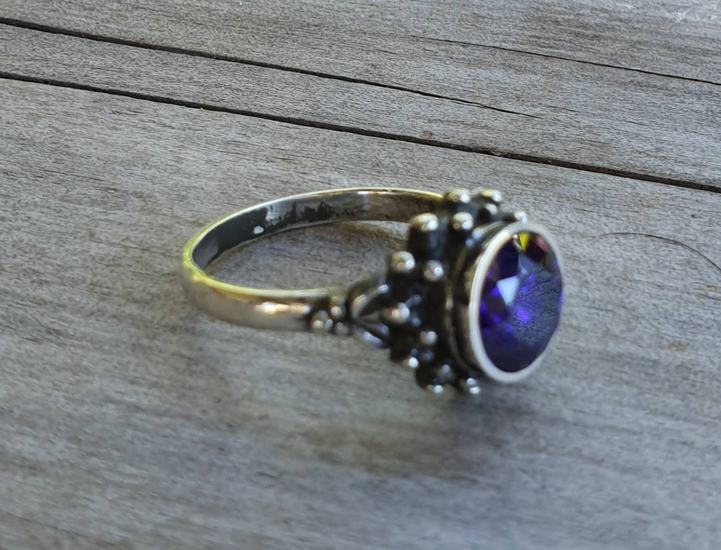 cz ring,sterling silver,handmade,goddess,boho,solitare ring,new age,ball ring,goddess,cubic zirconia,purple stone,