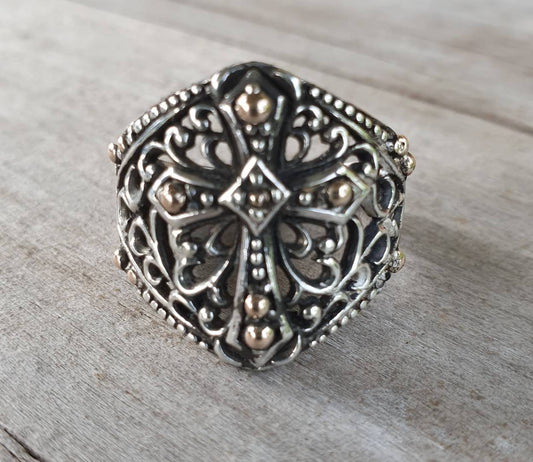 Two tone cross ring,sterling silver,10k gold,filegree cross,large cross, steampunk,christian,gothic,Celtic,handmade,knights templar,vintage