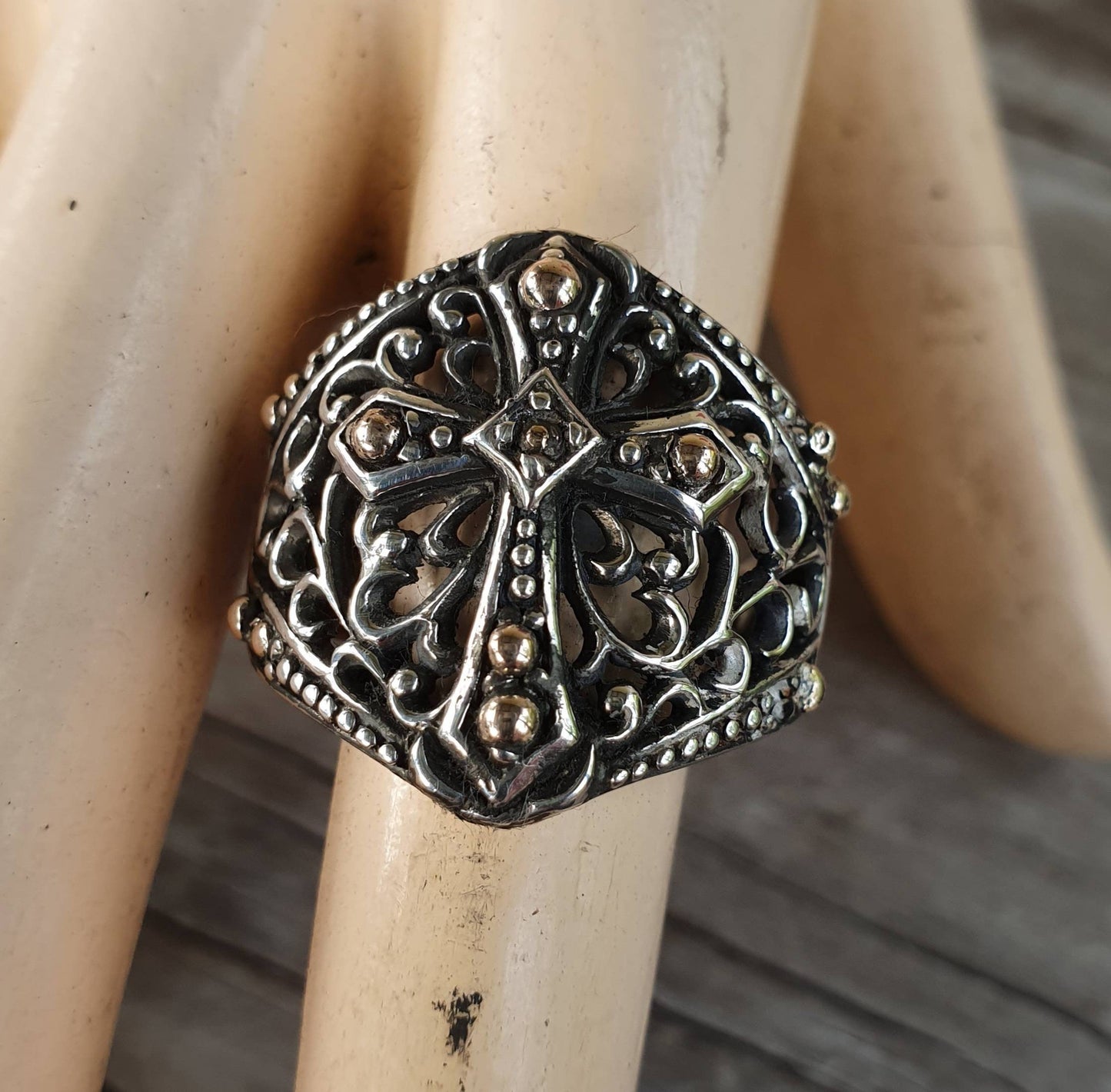 Two tone cross ring,sterling silver,10k gold,filegree cross,large cross, steampunk,christian,gothic,Celtic,handmade,knights templar,vintage