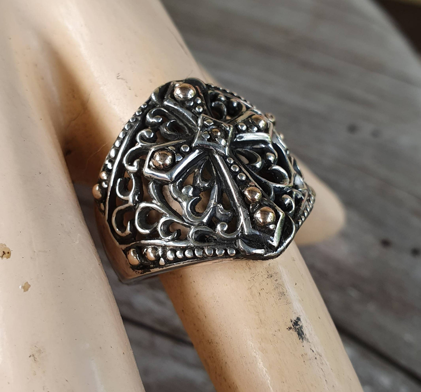 Two tone cross ring,sterling silver,10k gold,filegree cross,large cross, steampunk,christian,gothic,Celtic,handmade,knights templar,vintage