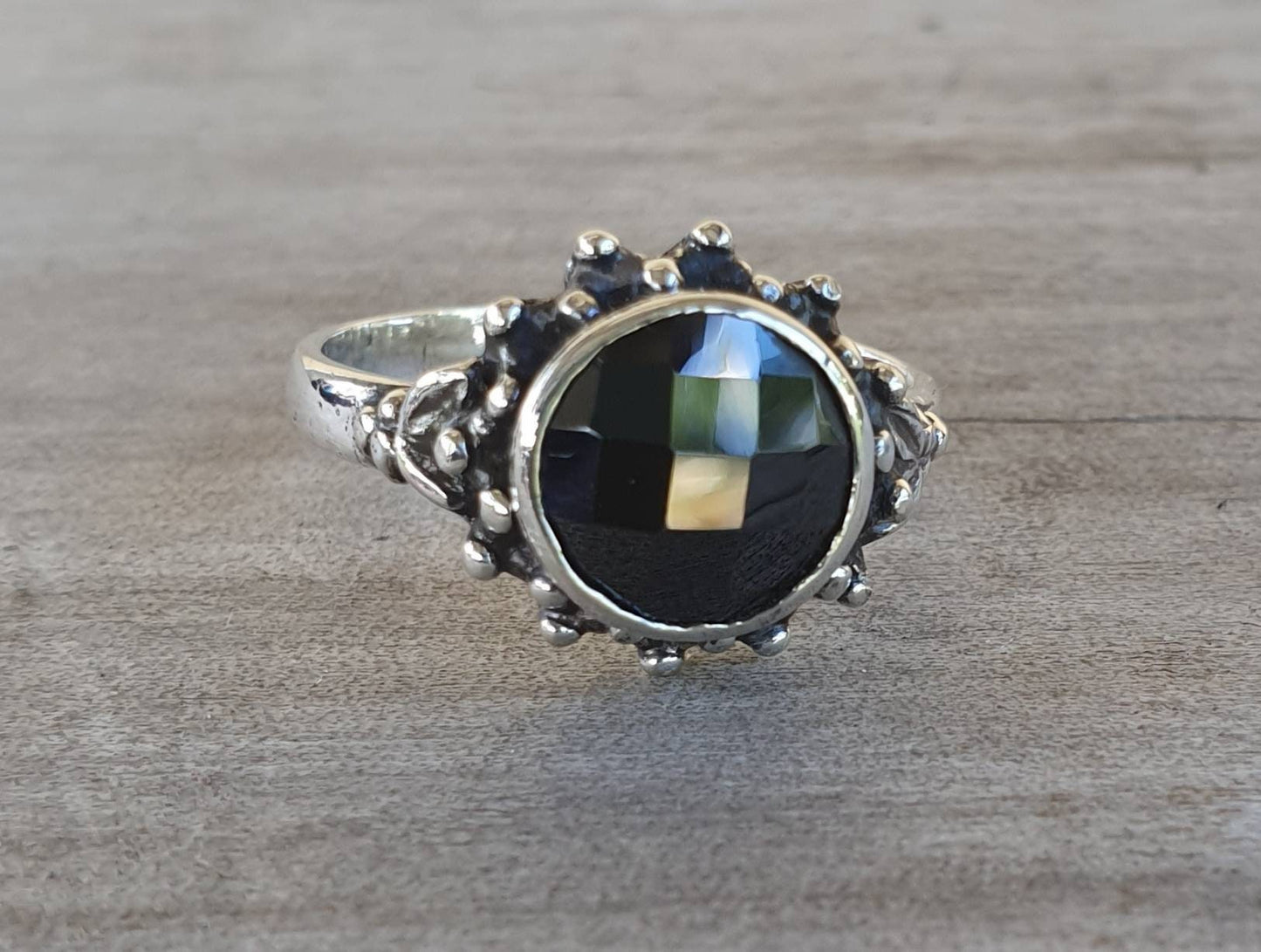 Black cz ring,sterling silver,handmade,goddess,boho,solitare,vintage,new age,ball ring,goddess,cubic zirconia,black stone.antique ring