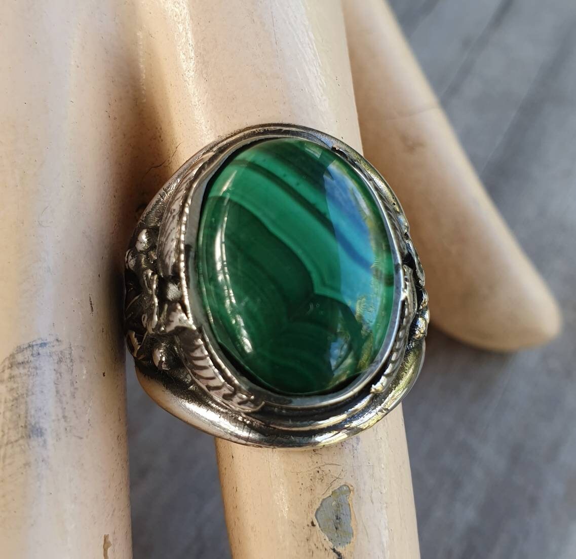 Malachite ring, sterling silver,large gemstone ring,chunky silver,mans stone ring,wedding dress ring,leaf,boho,new age