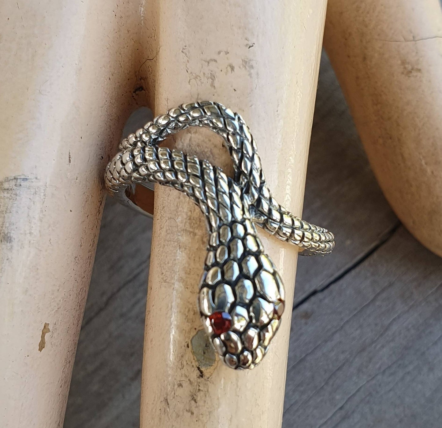 Snake ring, serpent, sterling silver,wrap around ring,garnet eyes,adjustable snake ring,gothic,punk,grunge,thumb ring,handmade,boho,gypsy,