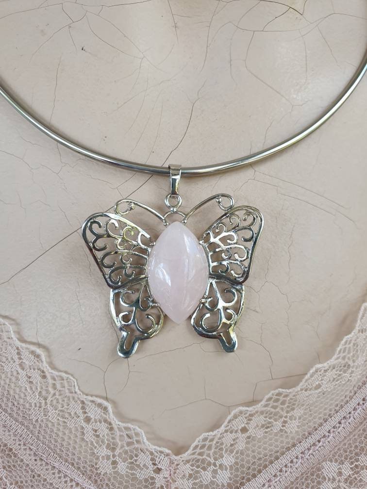 butterfly pendant,filegree,rose quartz pendant,boho,art nouveau,victorian,vintage,handmade,gypsy,women's fashion,