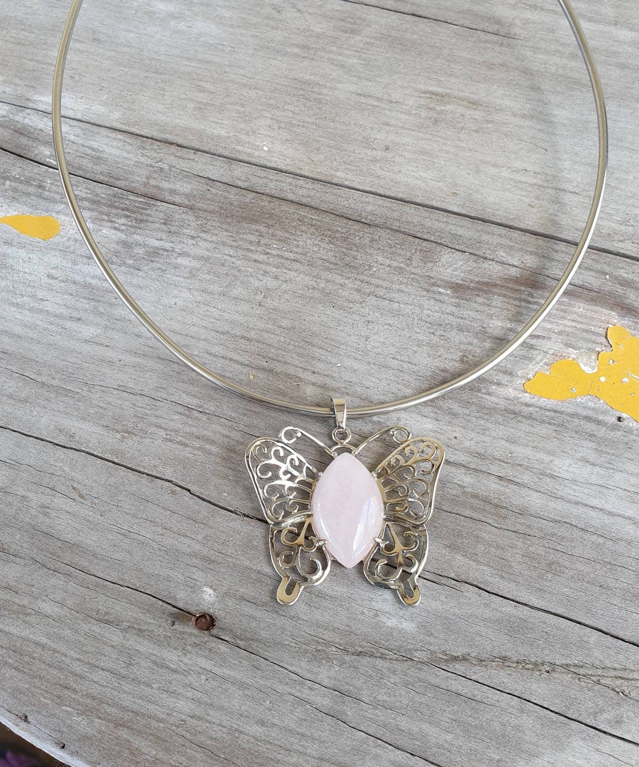 butterfly pendant,filegree,rose quartz pendant,boho,art nouveau,victorian,vintage,handmade,gypsy,women's fashion,