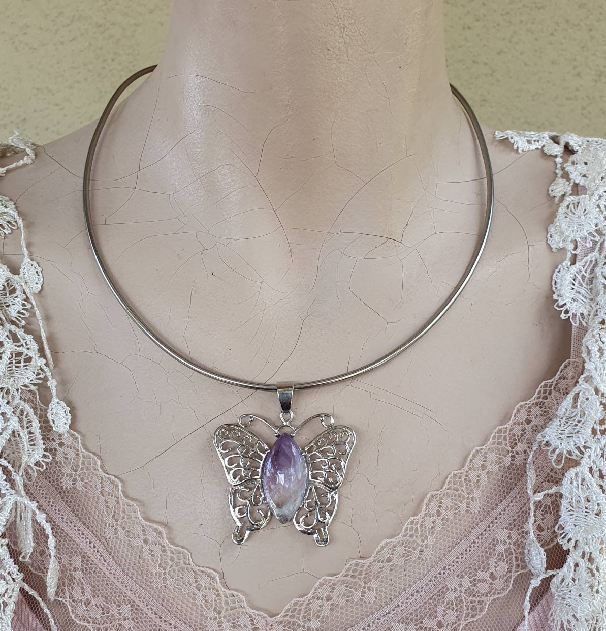 butterfly pendant,filegree,amethyst  pendant,boho,art nouveau,victorian,vintage,handmade,gypsy,women's fashion,