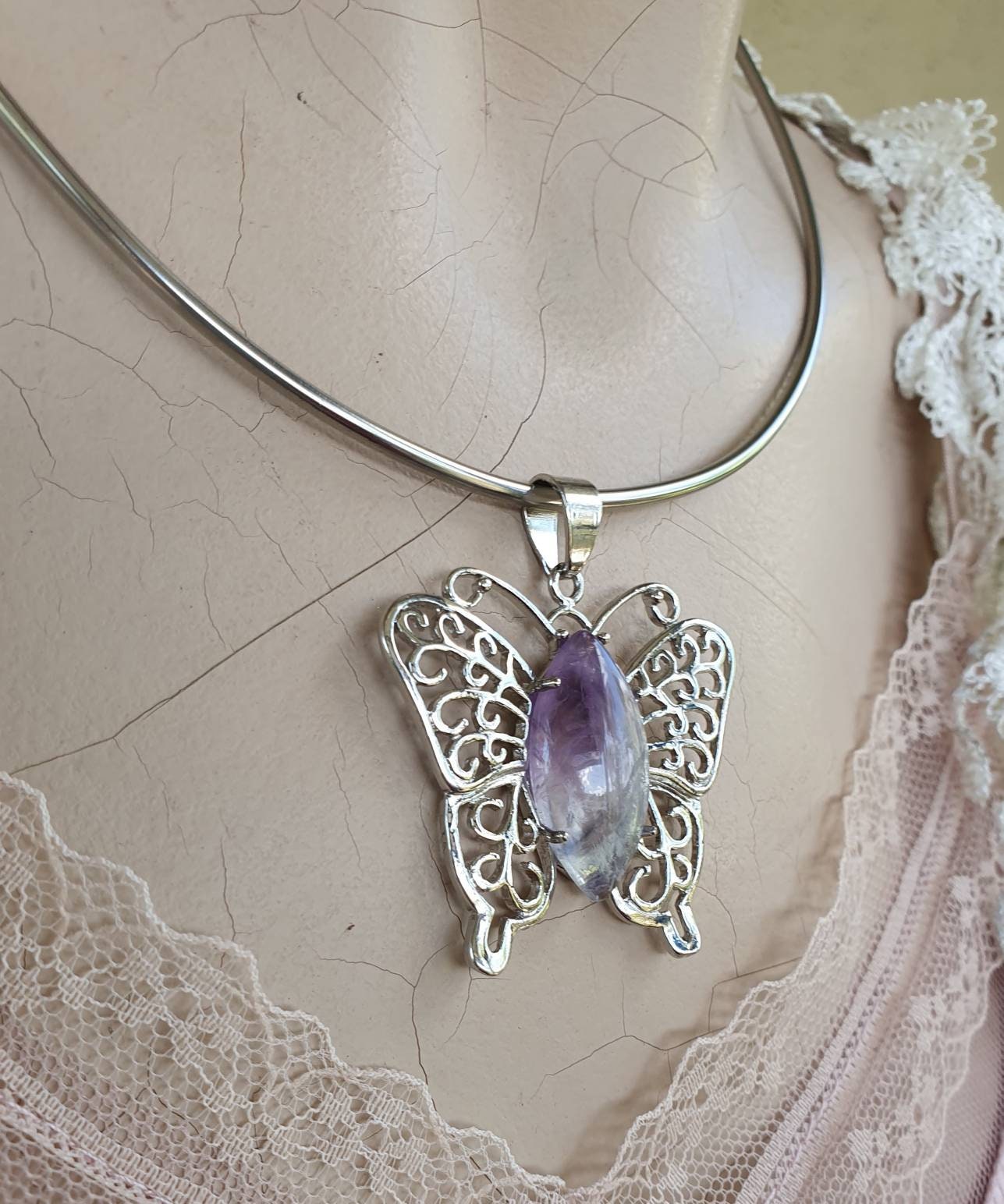 butterfly pendant,filegree,amethyst  pendant,boho,art nouveau,victorian,vintage,handmade,gypsy,women's fashion,