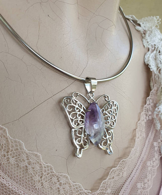 butterfly pendant,filegree,amethyst  pendant,boho,art nouveau,victorian,vintage,handmade,gypsy,women's fashion,