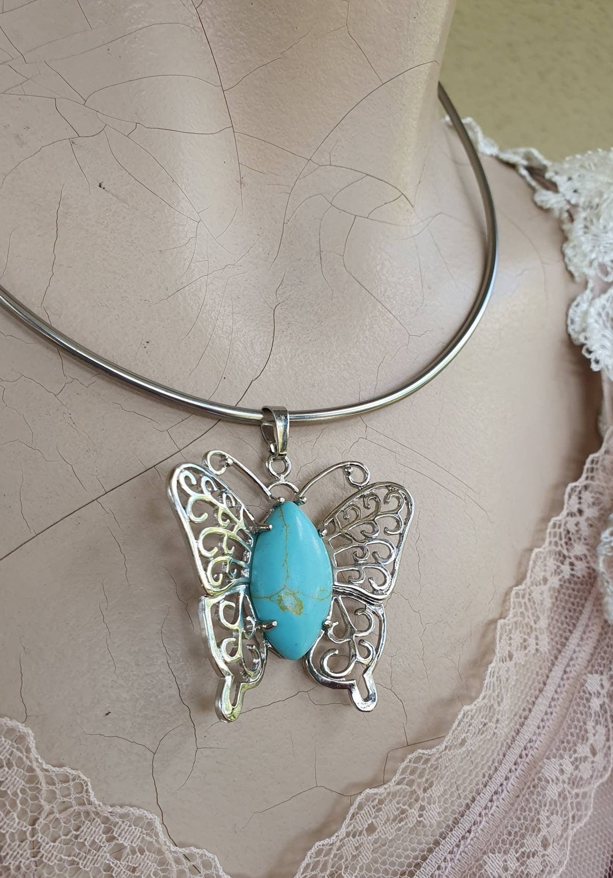 butterfly pendant,filegree,turquoise  pendant,boho,art nouveau,victorian,vintage,handmade,gypsy,women's fashion,