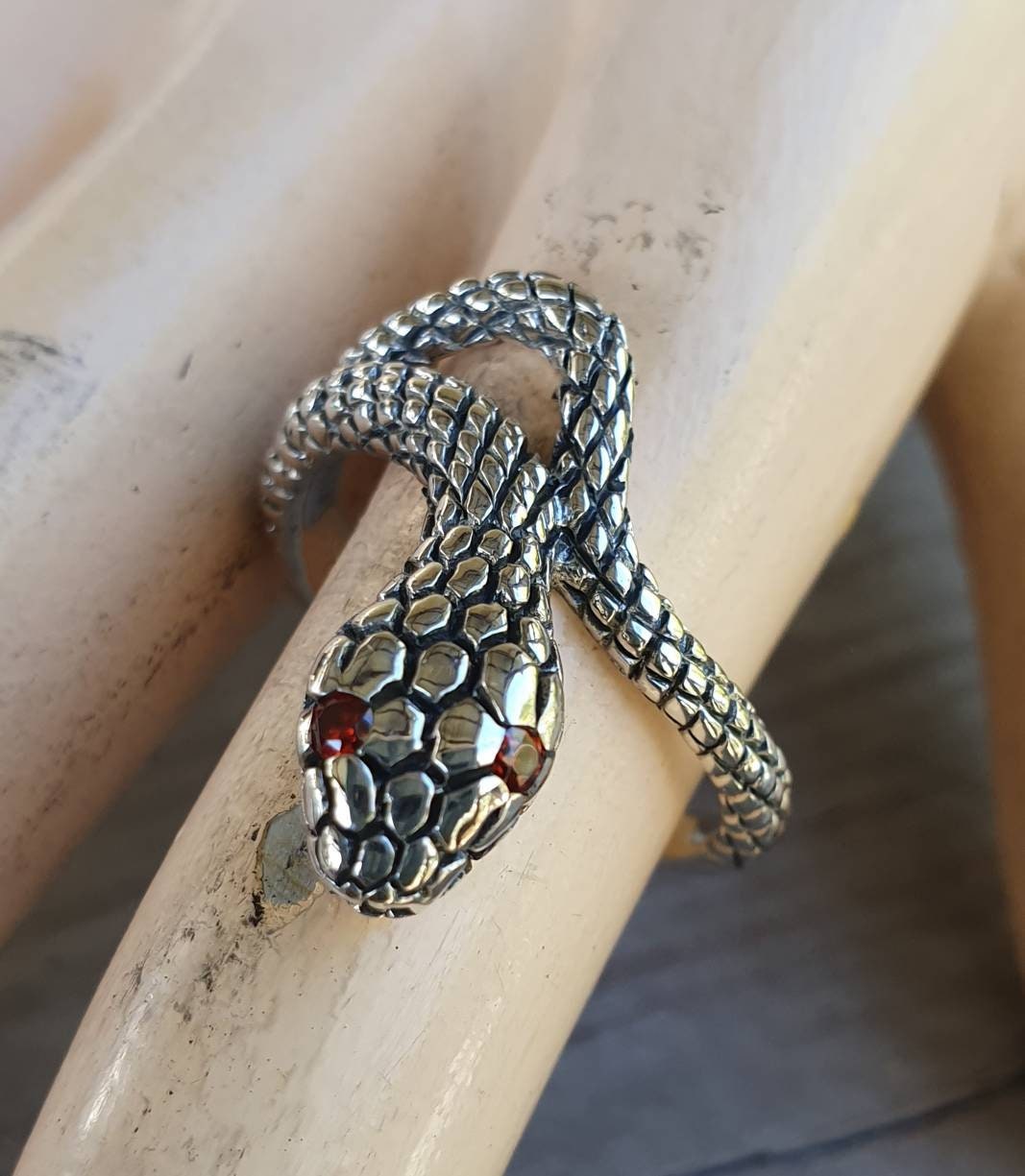 Snake ring, serpent, sterling silver,wrap around ring,garnet eyes,adjustable snake ring,gothic,punk,grunge,thumb ring,handmade,boho,gypsy,