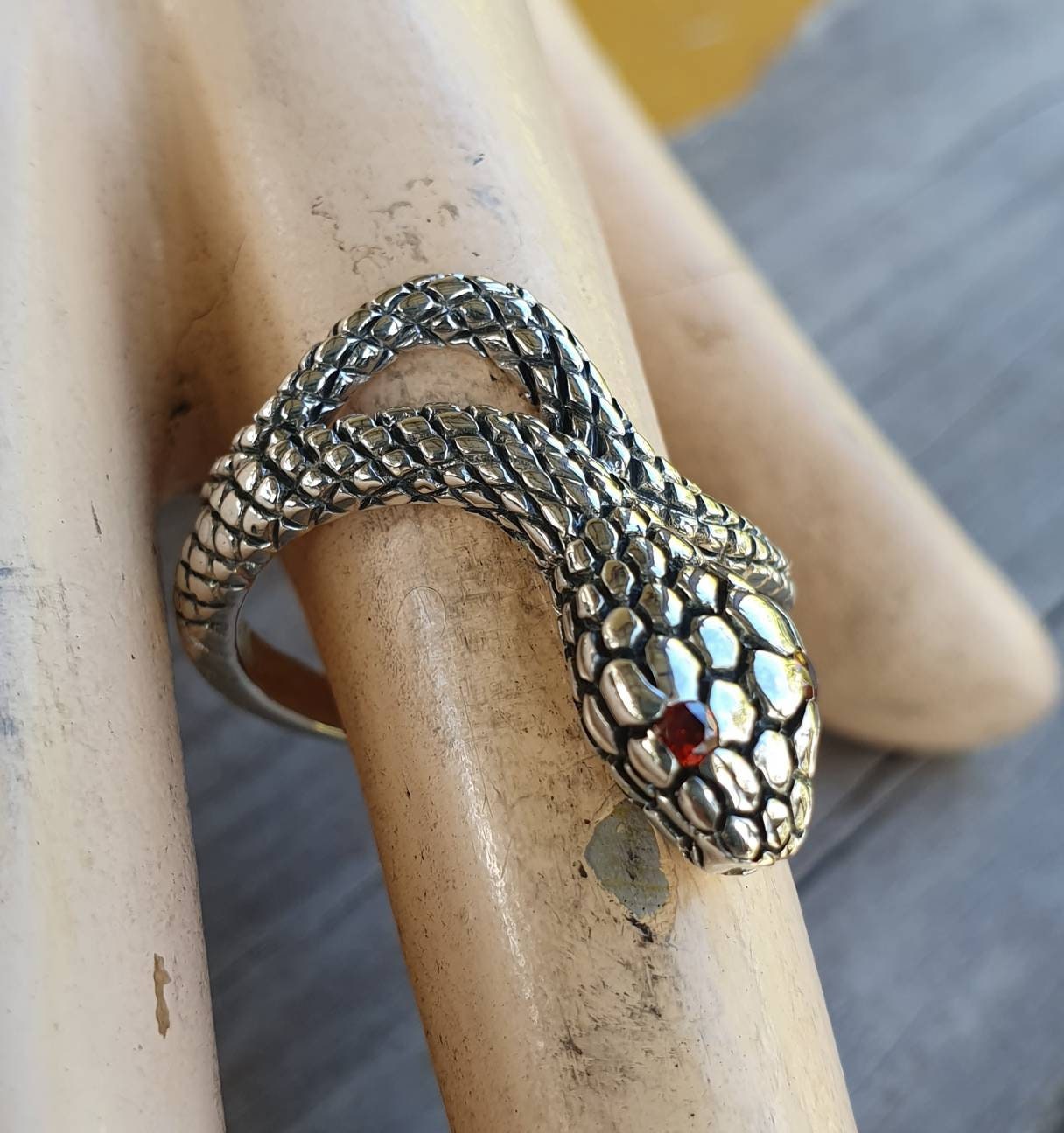 Snake ring, serpent, sterling silver,wrap around ring,garnet eyes,adjustable snake ring,gothic,punk,grunge,thumb ring,handmade,boho,gypsy,