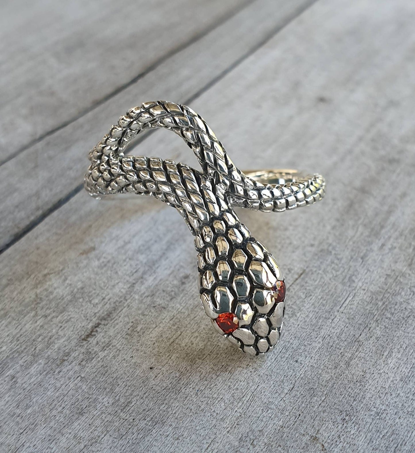 Snake ring, serpent, sterling silver,wrap around ring,garnet eyes,adjustable snake ring,gothic,punk,grunge,thumb ring,handmade,boho,gypsy,