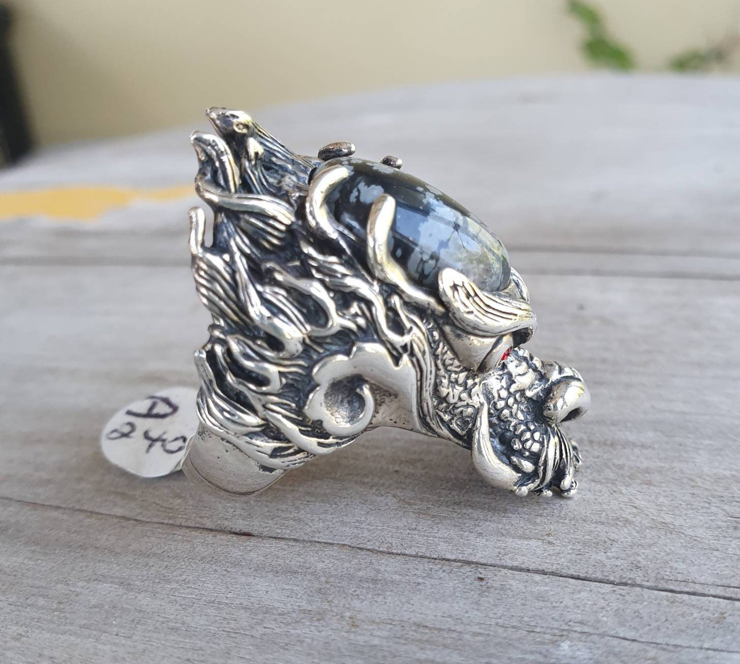 dragon ring,obsidian snowflake,sterling silver,geiger,steampunk,mythical dragon, chinese dragon