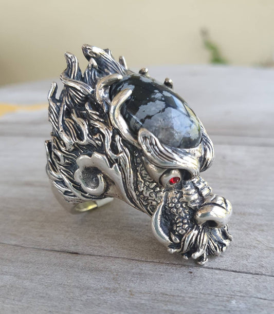 dragon ring,obsidian snowflake,sterling silver,geiger,steampunk,mythical dragon, chinese dragon