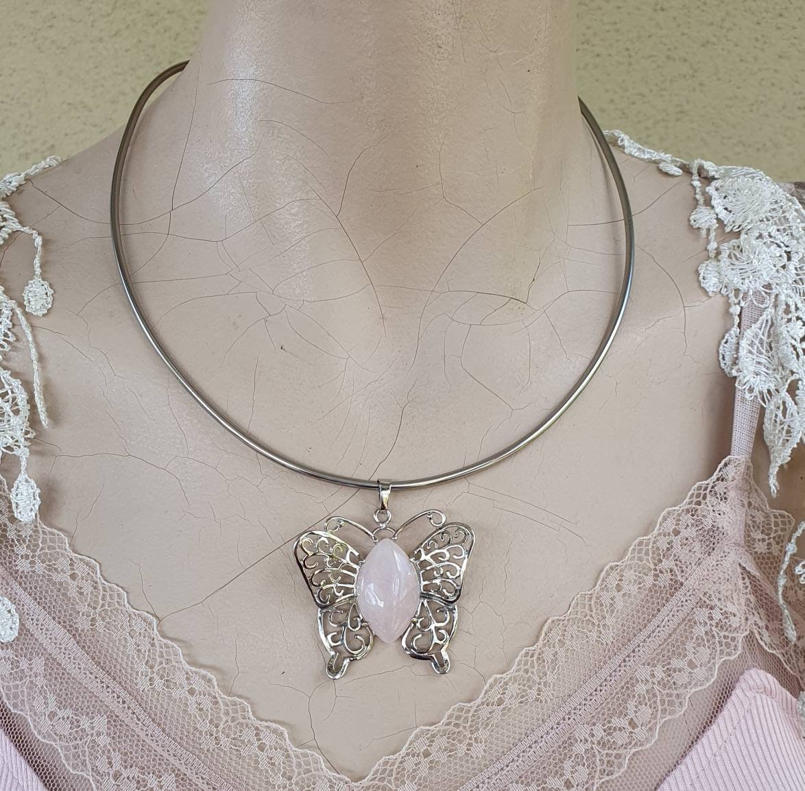 butterfly pendant,filegree,rose quartz pendant,boho,art nouveau,victorian,vintage,handmade,gypsy,women's fashion,