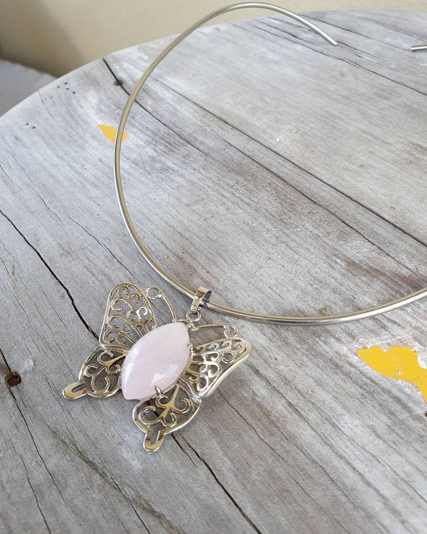 butterfly pendant,filegree,rose quartz pendant,boho,art nouveau,victorian,vintage,handmade,gypsy,women's fashion,