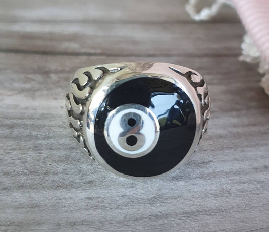 Eight ball,flame ring,snooker,pool,billards, biker ratfink rockabilly,sterling silver,hand made,unisex ring,ed roth,enameled,round signet