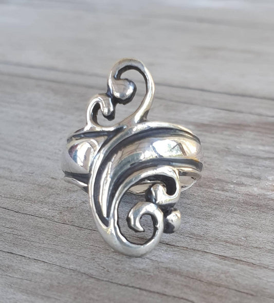 long ring,sterling silver,scroll,handmade,steampunk,gothic,art nouveau,celtic, tribal,swirl,boho,gypsy,hippy,vintage,rockabilly