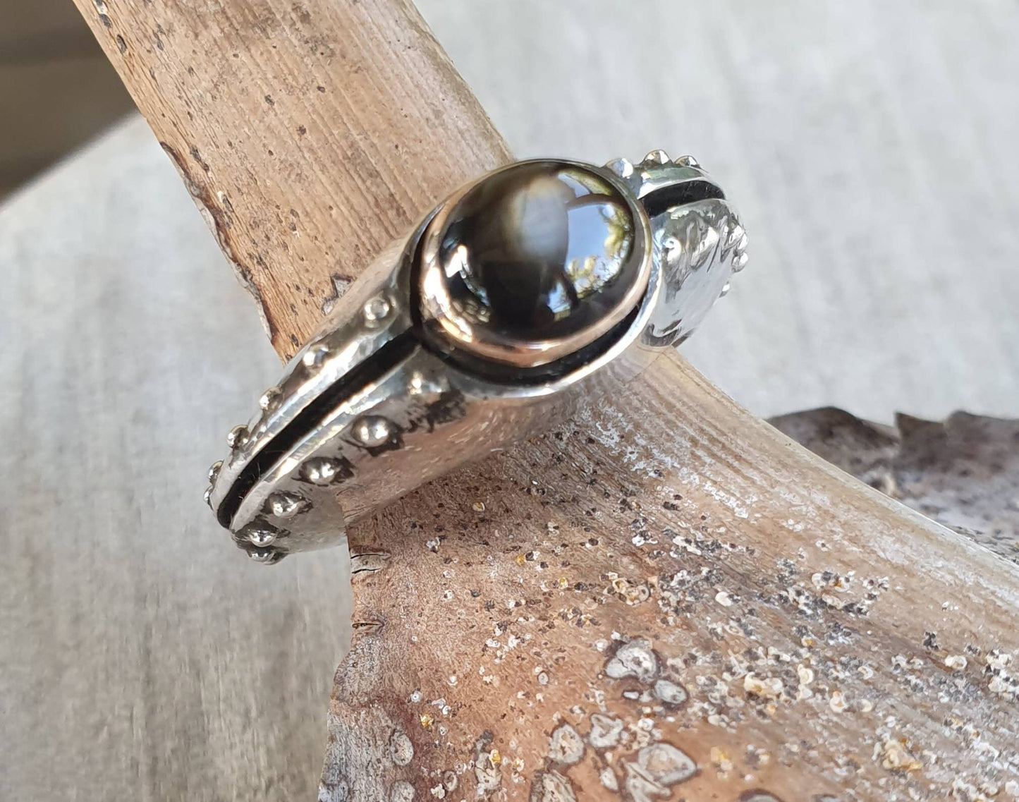 Diopside ring,two tone,sterling silver,9ct gold  setting,rustic handmade,chunky ring,boho,new age,ball ring,stone,