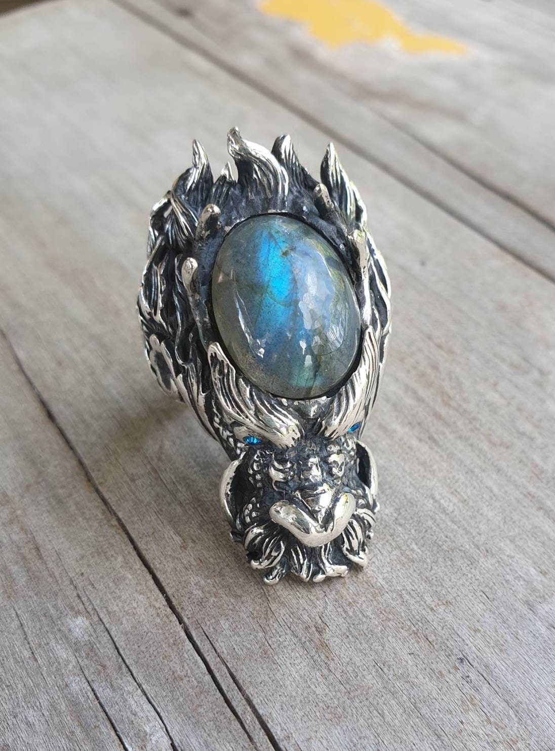 dragon ring,Labrodite,labradorite,large sterling silver dragon,chunky,geiger,steampunk,mythical dragon, chinese dragon