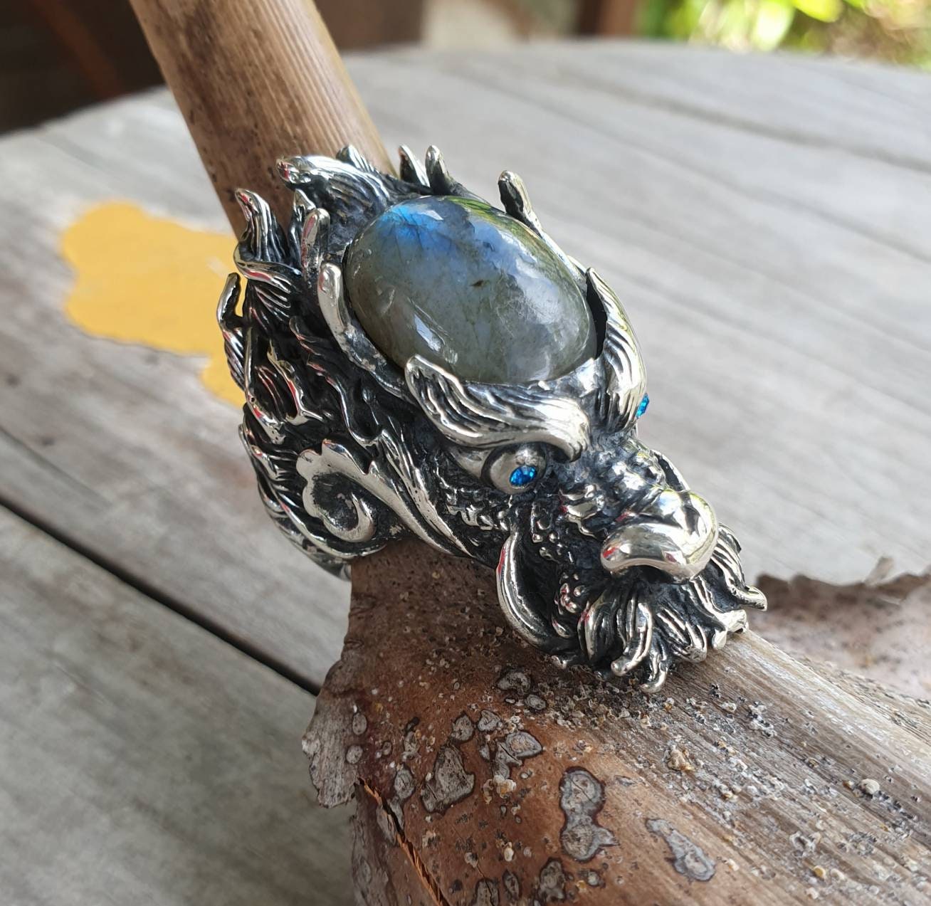 dragon ring,Labrodite,labradorite,large sterling silver dragon,chunky,geiger,steampunk,mythical dragon, chinese dragon