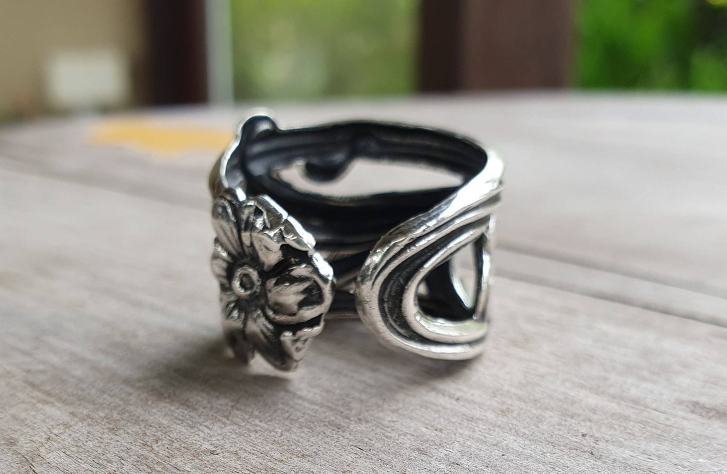 Wide ring,Flower ring,sterling silver,vintage silver band,handmade,woodland flowers,long ring,boho,gypsy,festival ring