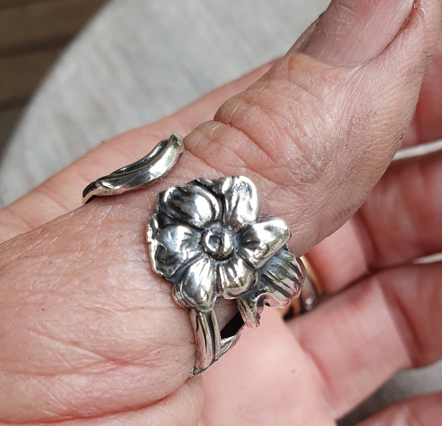 Wide ring,Flower ring,sterling silver,vintage silver band,handmade,woodland flowers,long ring,boho,gypsy,festival ring