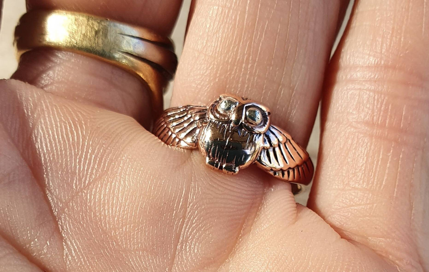 Rose Gold owl ring,9ct gold,two tone, petite ring,small,pinkie ring,bird ring,boho, gypsy,woodland,nature