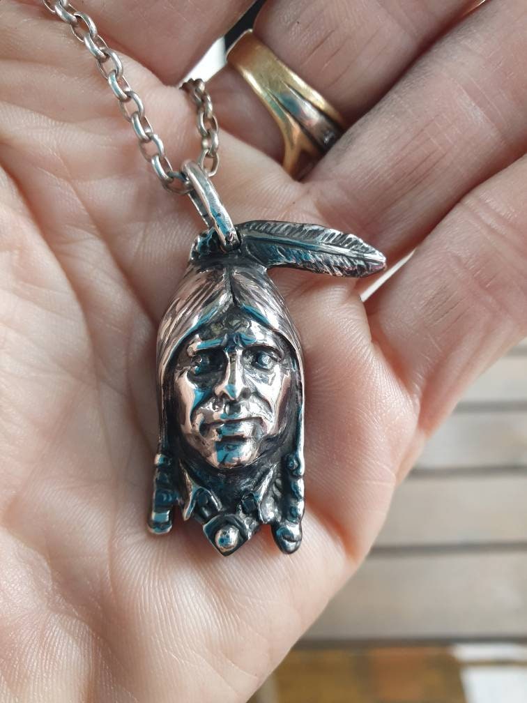 indian head pendant,indian chief pendant,sterling silver,37mm, indian,handmade,Indian brave,country and western,native american,tribal,boho,