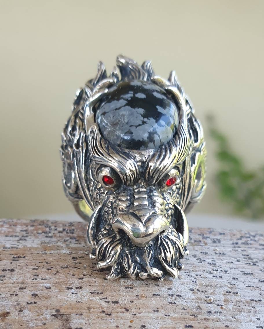 dragon ring,obsidian snowflake,sterling silver,geiger,steampunk,mythical dragon, chinese dragon