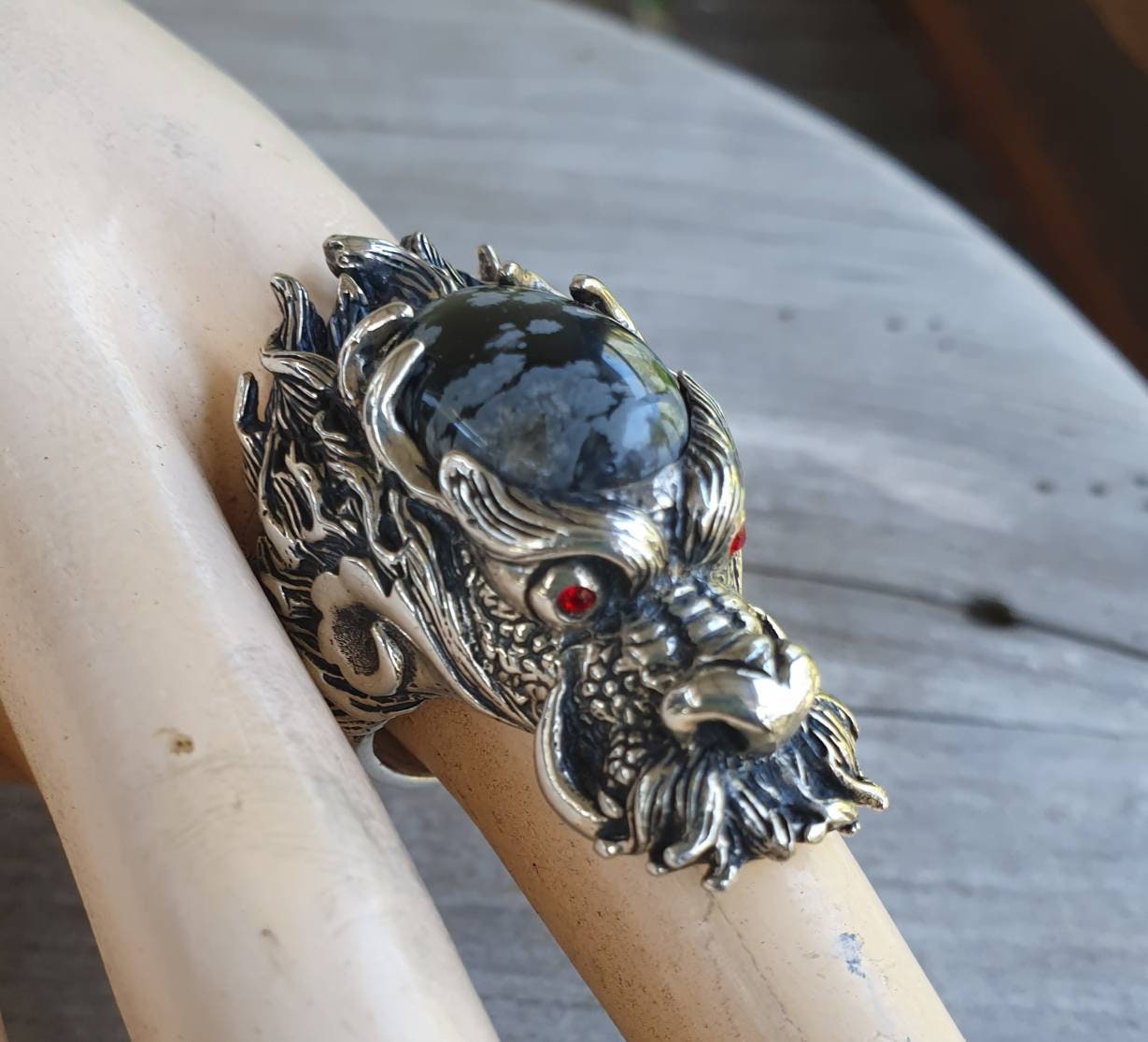 dragon ring,obsidian snowflake,sterling silver,geiger,steampunk,mythical dragon, chinese dragon