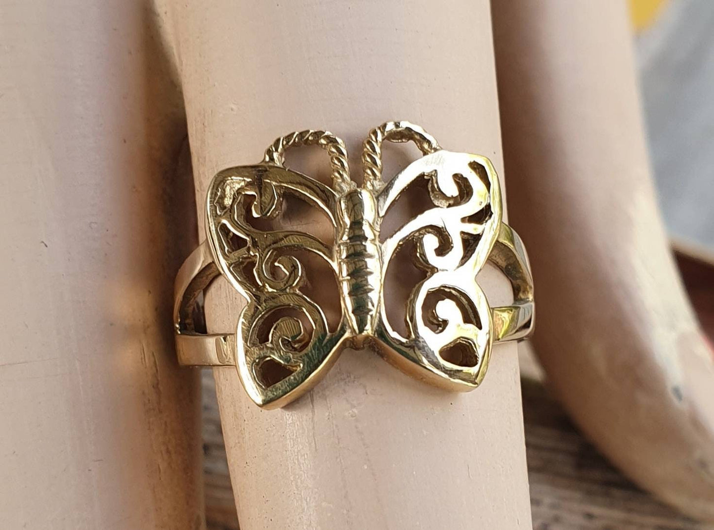 gold butterfly ring,solid 9ct gold,handmade,filegree,boho,goddess,woodland,art nouveau,vintage,