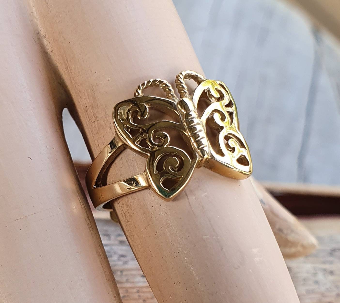 gold butterfly ring,solid 9ct gold,handmade,filegree,boho,goddess,woodland,art nouveau,vintage,