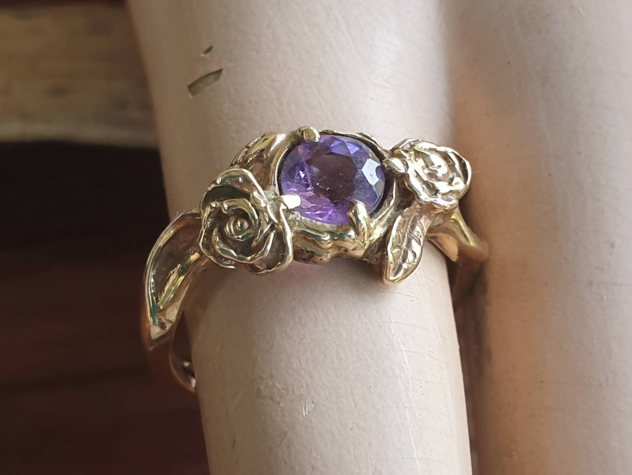 Gold rose ring,amethyst,9ct gold,flower,boho,art nouveau,victorian,vintage,handmade,gypsy,goddess,women fashion