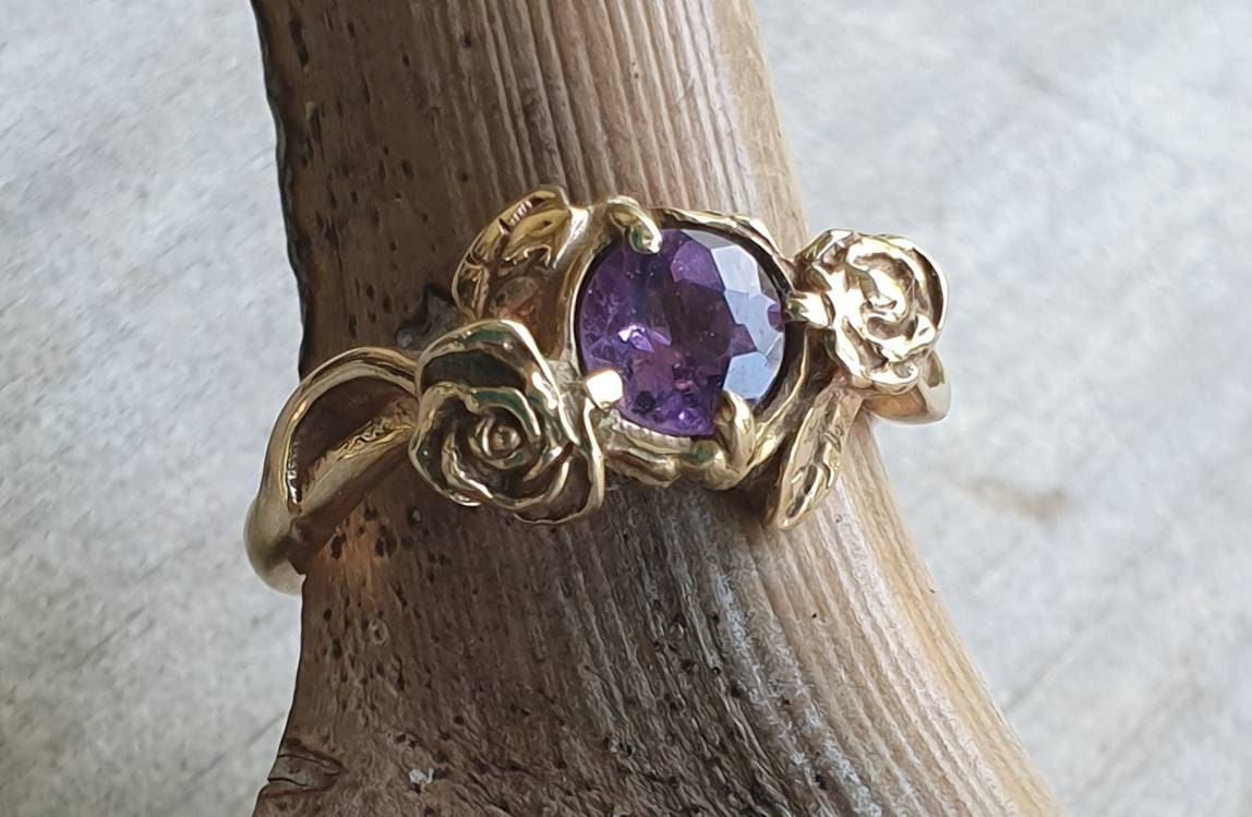 Gold rose ring,amethyst,9ct gold,flower,boho,art nouveau,victorian,vintage,handmade,gypsy,goddess,women fashion